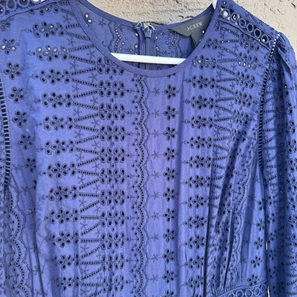 J.Crew navy blue eyelet long-sleeve flutter hem dress 100% cotton